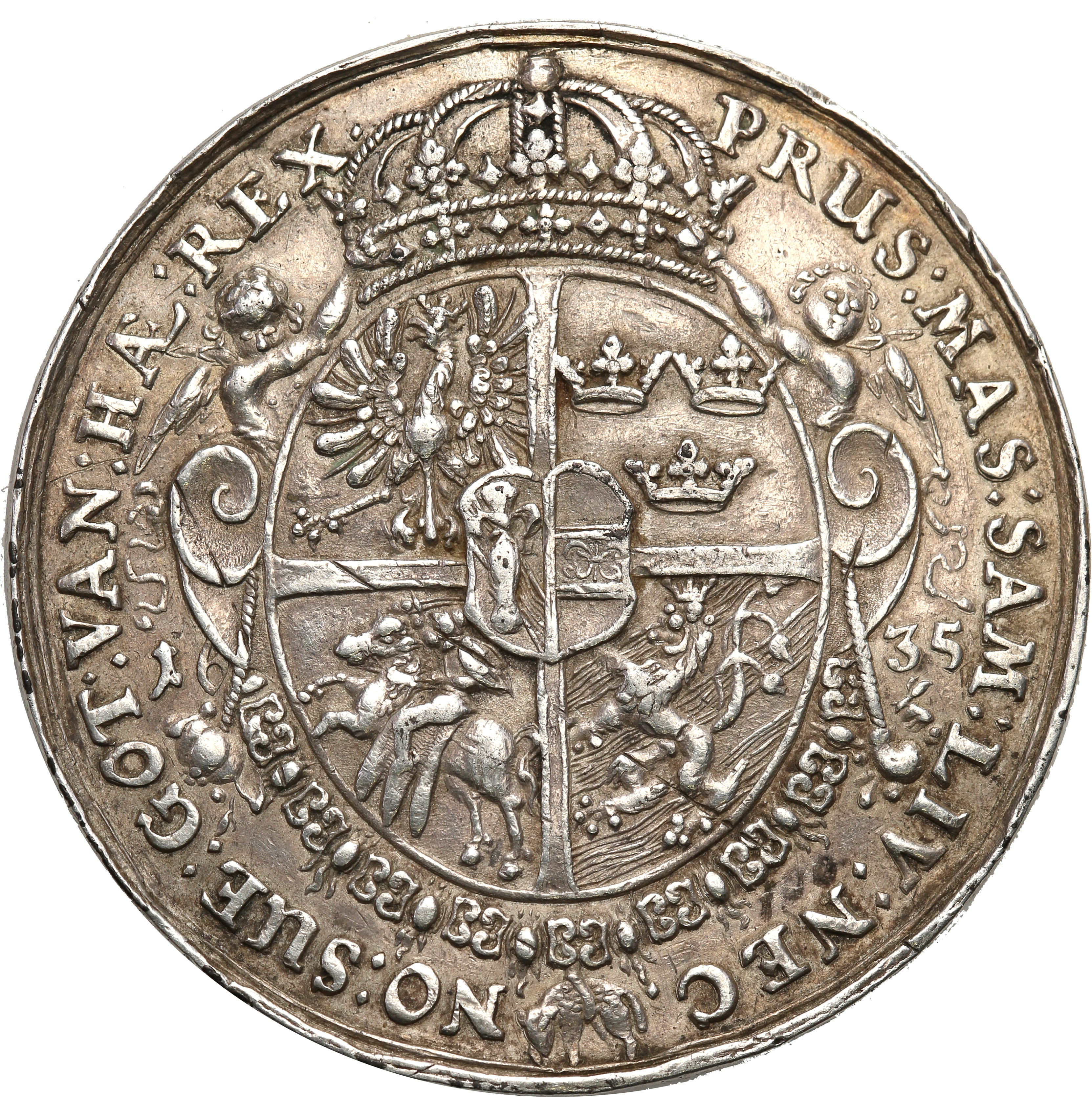Władysław IV Waza. Talar medalowy 1635, Bydgoszcz,  Portugał odbity w srebrze - RZADKOŚĆ
